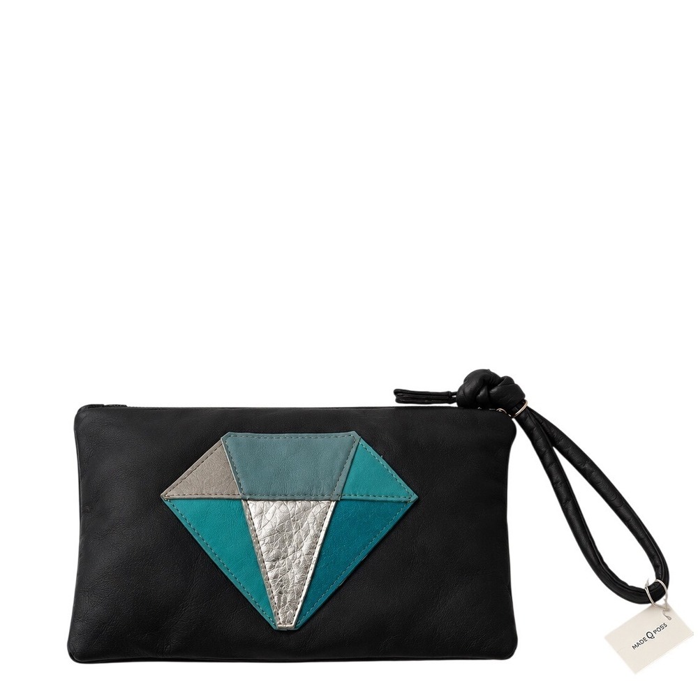 Hammitt Made Q Poss Lake Tahoe Black Leather Diamond Patchwork Wristlet Clutch